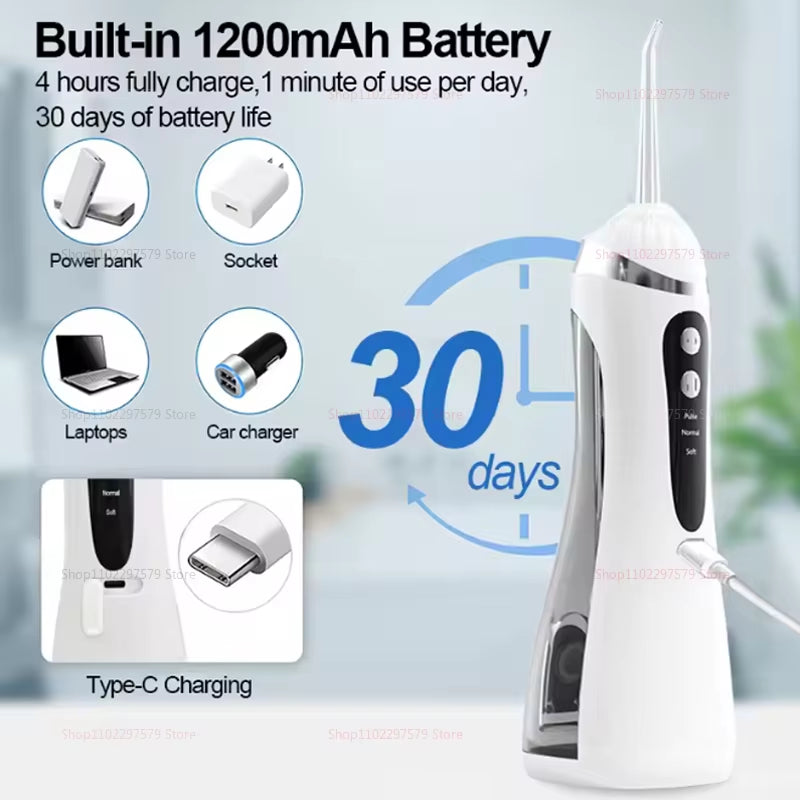 IPX7 Waterproof Rechargeable Tooth Cleaner 4 Nozzle High Pressure Pulse Electric Oral Irrigator 3 Cleaning Mode for Oral Care
