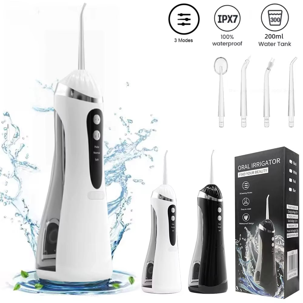 IPX7 Waterproof Rechargeable Tooth Cleaner 4 Nozzle High Pressure Pulse Electric Oral Irrigator 3 Cleaning Mode for Oral Care